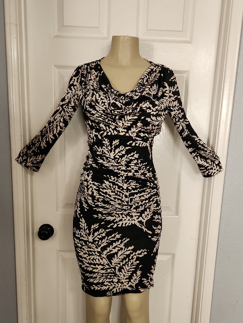 Black & Cream Botanical Cowl-Neck Long Sleeve Dress
